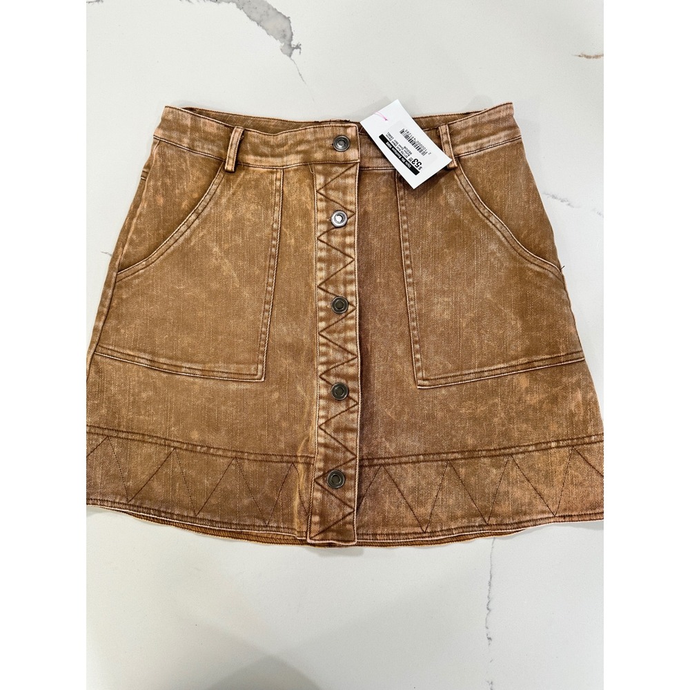 Entro Camel Brown Acid Wash Denim Button Down Mini Skirt S21758 Medium